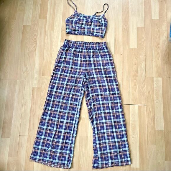Plaid Crop top Cami, matching Plaid Wide Leg Pants, Loungewear coord set pjs S - Picture 1 of 14